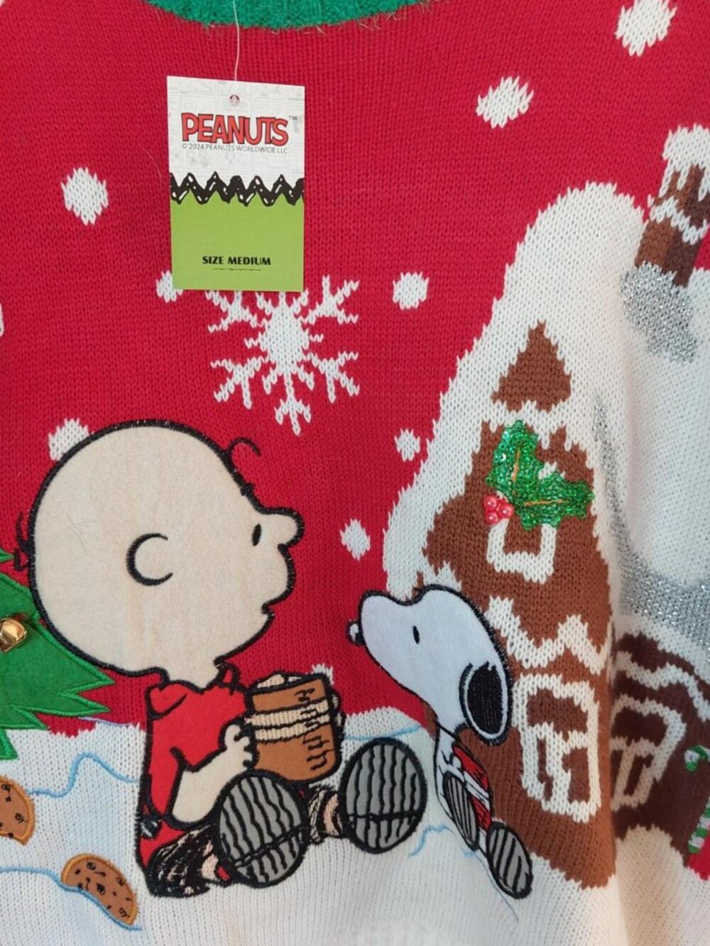 NWT Peanuts Charlie Brown Snoopy Ugly Christmas Sweater Gingerbread House Red Si - Picture 2 of 5